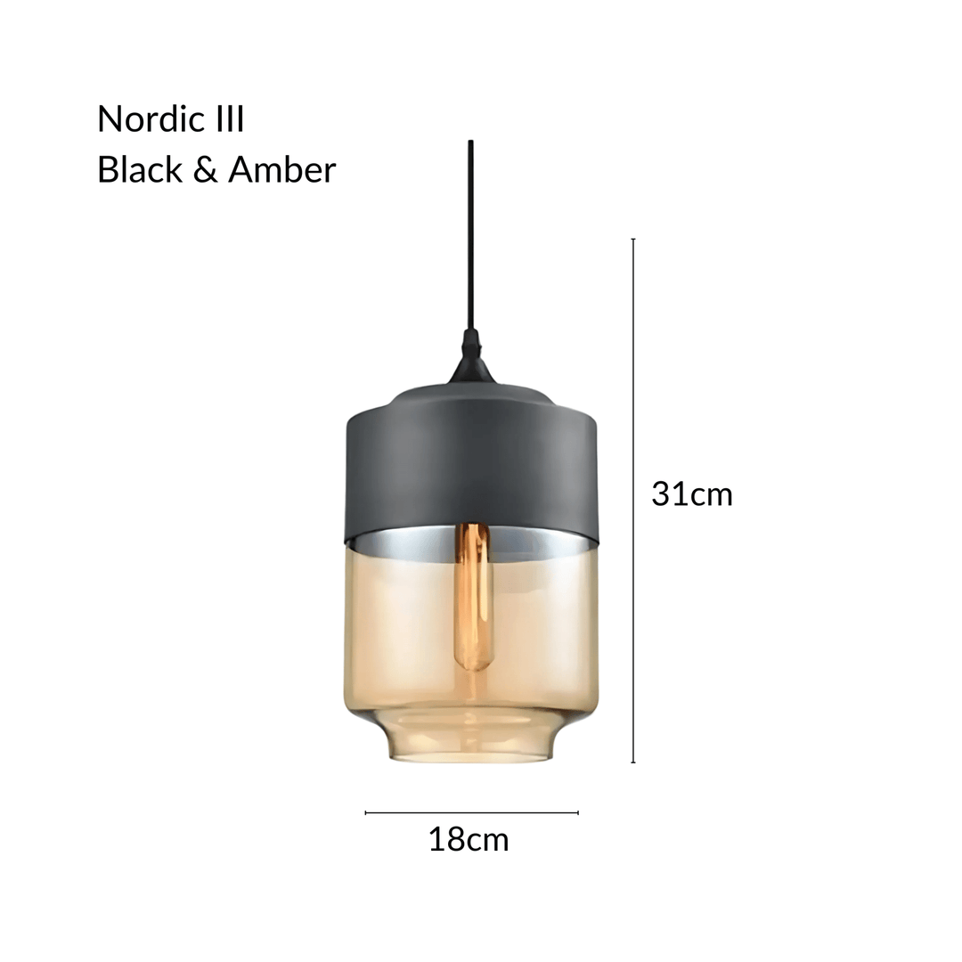 Nordic III pendant light in black and amber, 31cm height, 18cm width.