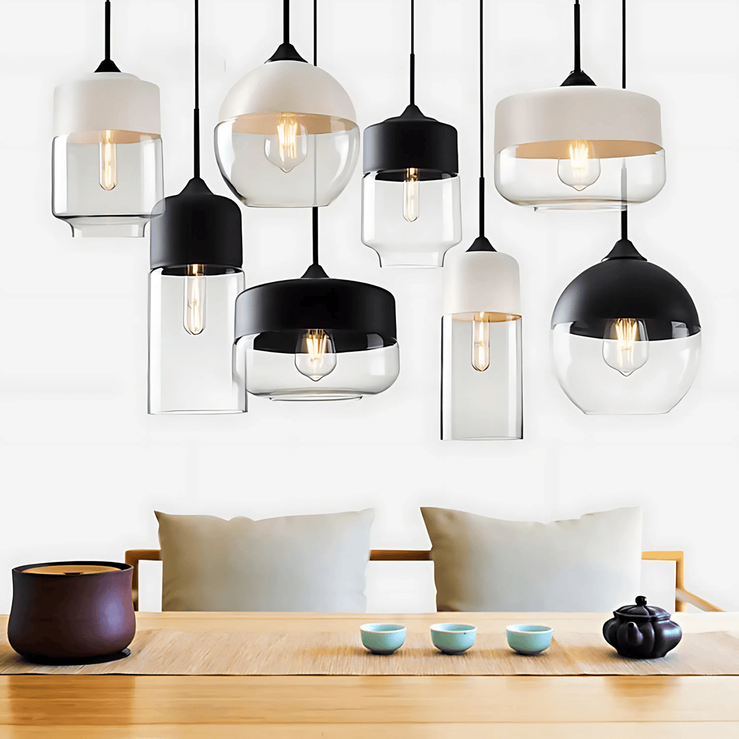 Industrial Metal &amp; Glass Pendant Lights in Nordic Style, featuring black and white designs with clear glass.