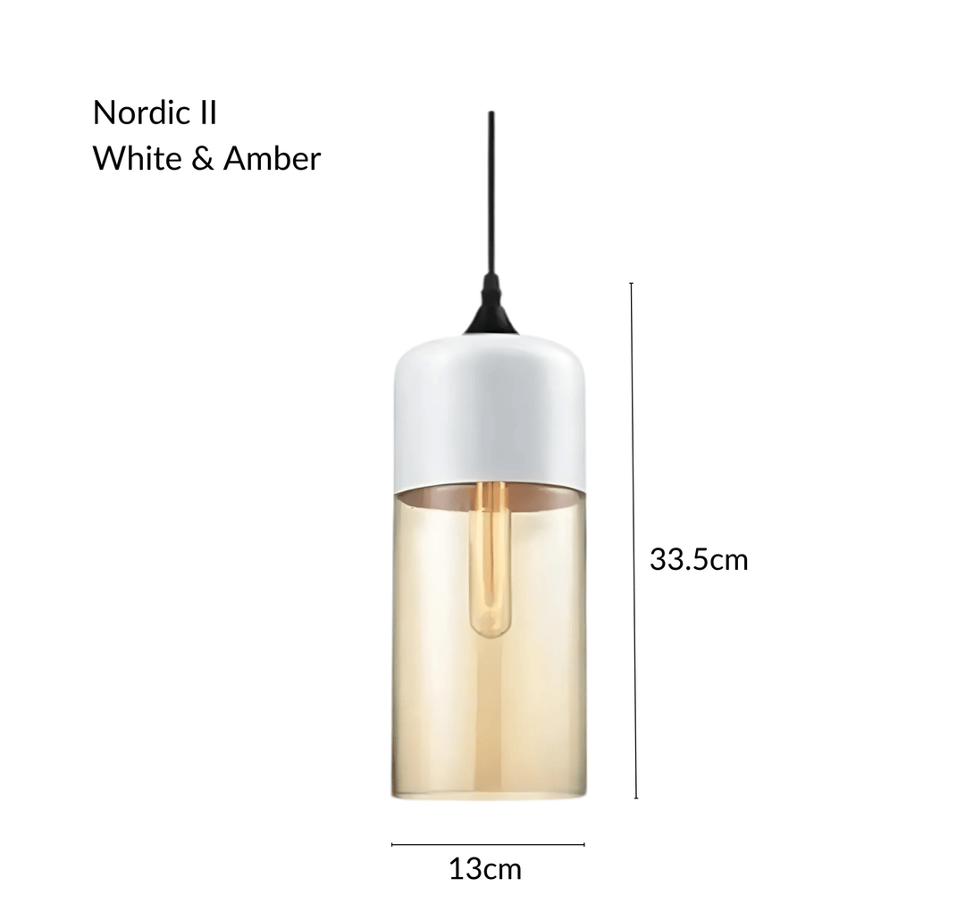 Nordic II pendant light with white top and amber glass cylinder, 33.5cm height, 13cm diameter.