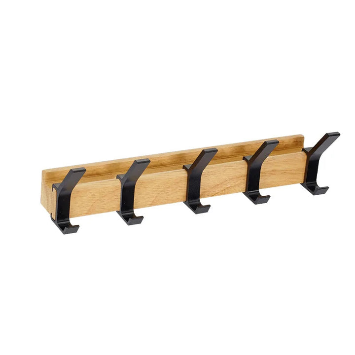 Nordic Wall Coat Rack with five black adjustable hooks on a natural wood bar.