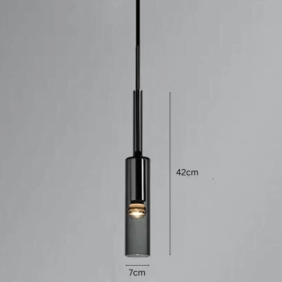 Black glass pendant light with a 42cm length and 7cm width.