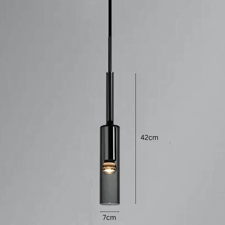 Black glass pendant light with a 42cm length and 7cm width.
