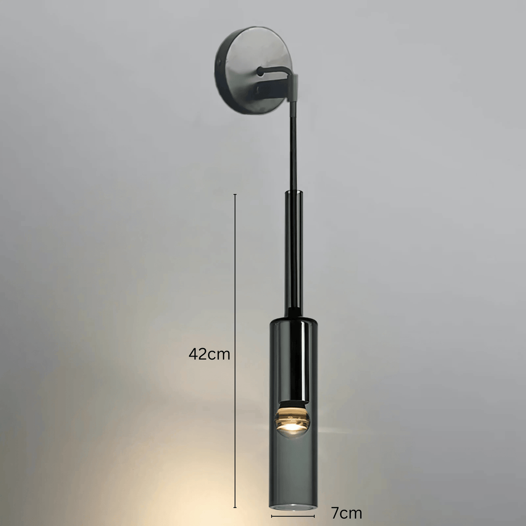 Black glass pendant light with dimensions 42cm height and 7cm width.