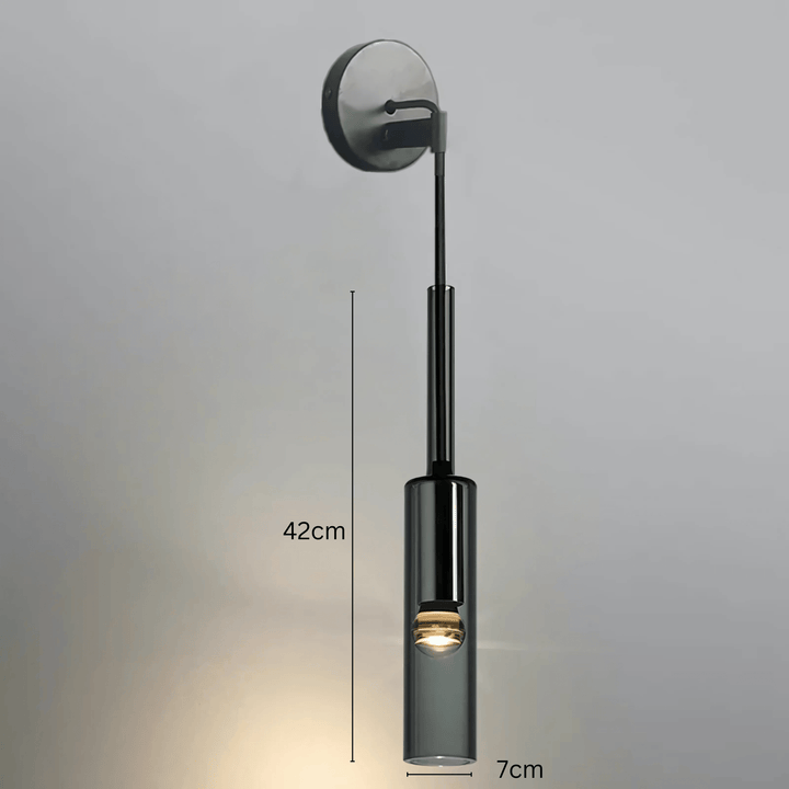 Black glass pendant light with dimensions 42cm height and 7cm width.