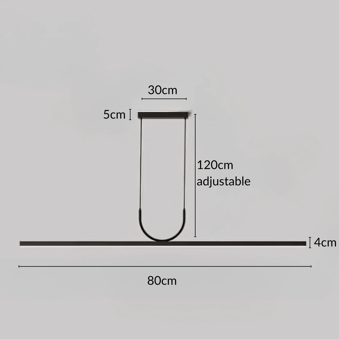 Sleek pendant light with dimensions: 80cm length, 4cm width, 30cm canopy width, 5cm canopy height, and 120cm adjustable cord.