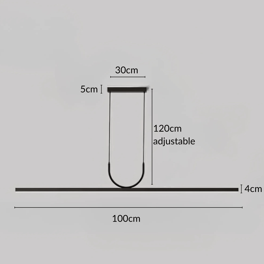 Sleek pendant light with dimensions: 100cm length, 30cm width, 5cm height, 4cm height, and 120cm adjustable cable.