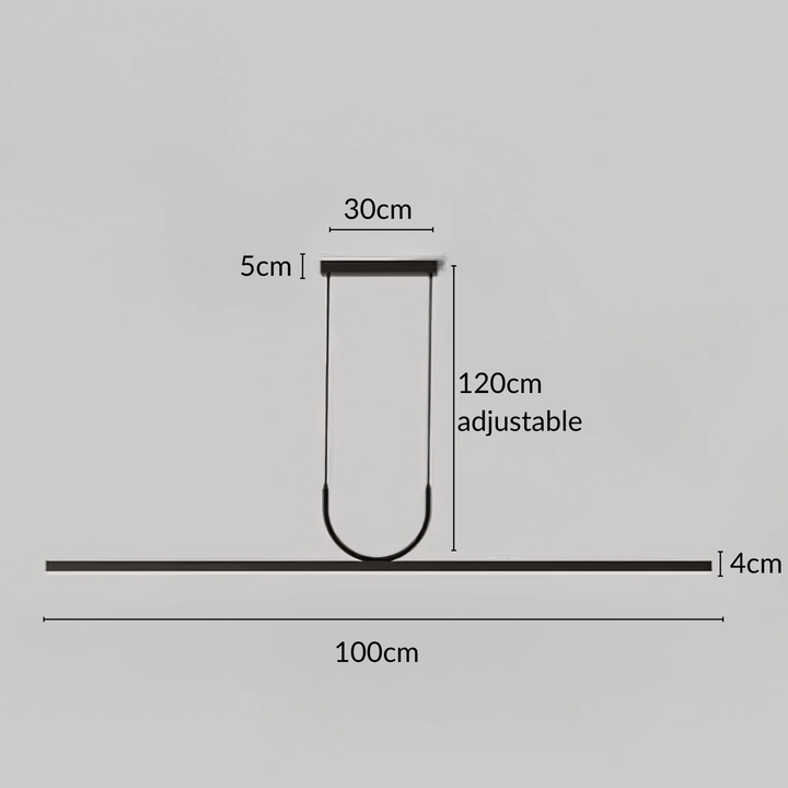 Sleek pendant light with dimensions: 100cm length, 30cm width, 5cm height, 4cm height, and 120cm adjustable cable.