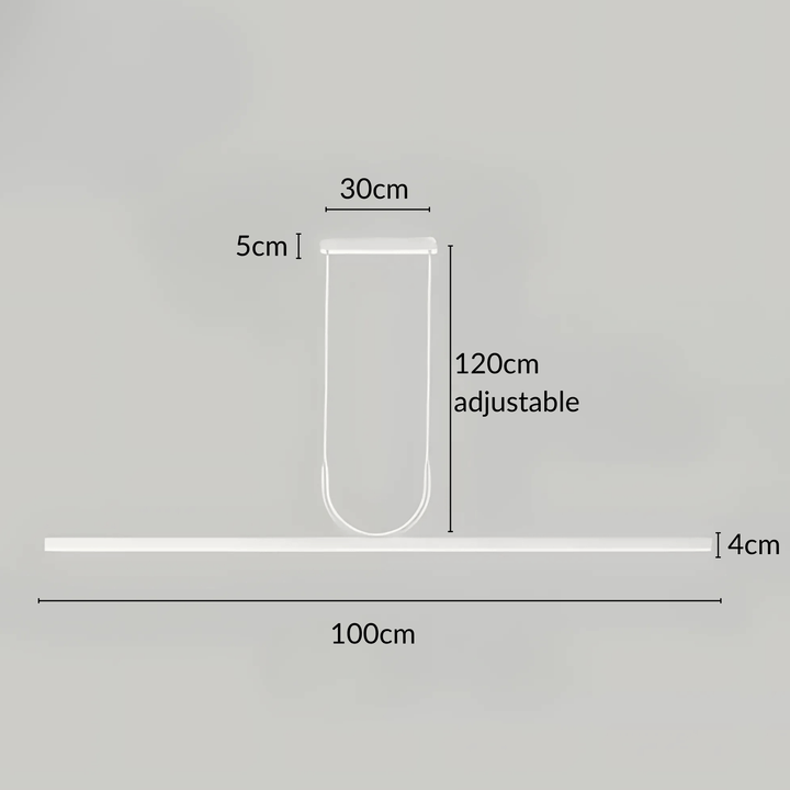 Diagram of a 100cm long, 4cm high pendant light with a 30cm wide top and 5cm depth. The adjustable cord is 120cm.