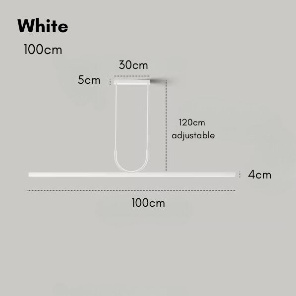 White pendant light, 100cm long, 30cm wide, 5cm deep, with an adjustable height of 120cm.