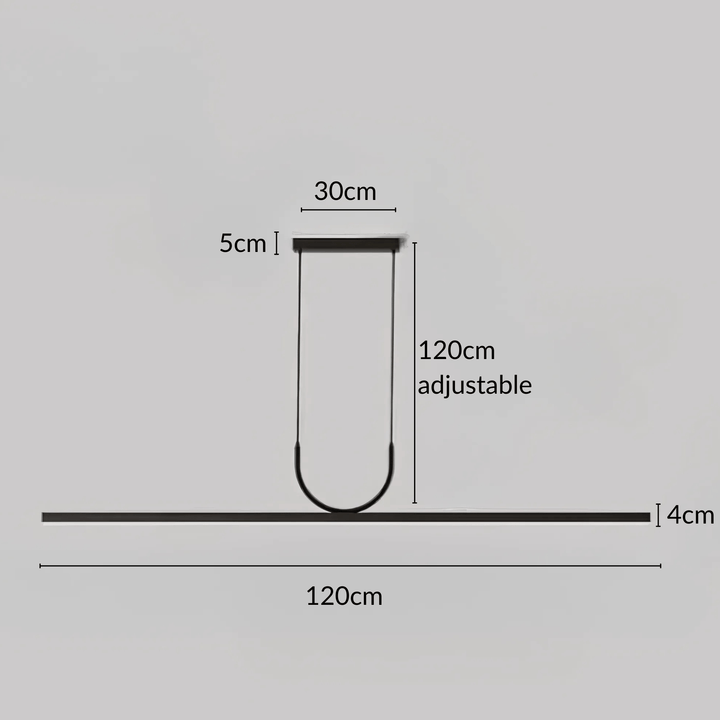 Black pendant light with adjustable height, 120cm long and 4cm wide.