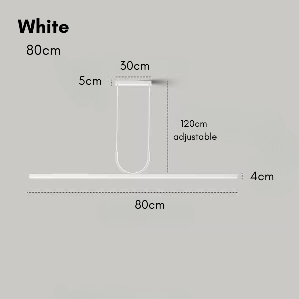 White pendant light with dimensions: 80cm length, 30cm width, 5cm height, and adjustable 120cm drop.