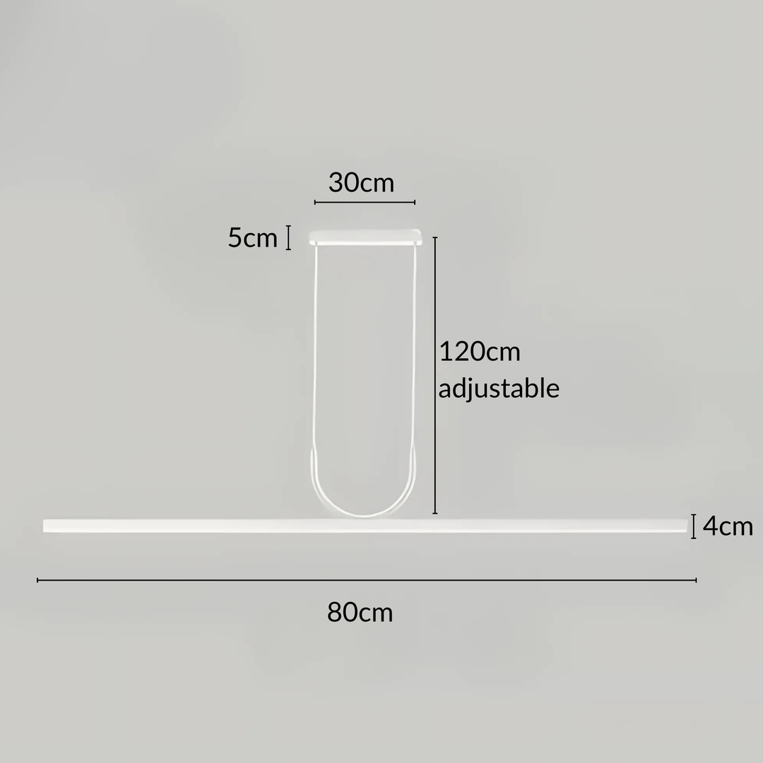 Sleek pendant light with dimensions: 80cm length, 4cm height, 30cm width, 5cm depth, and 120cm adjustable cord.