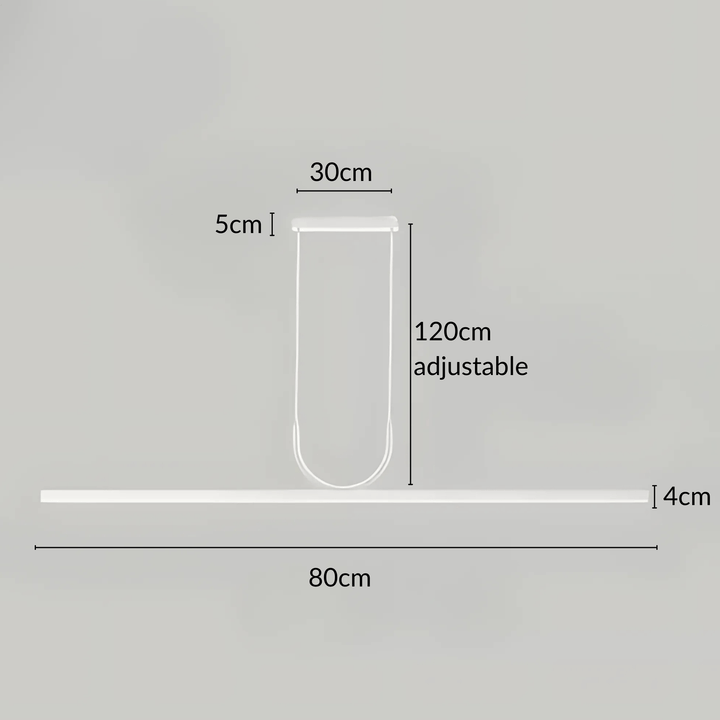 Sleek pendant light with dimensions: 80cm length, 4cm height, 30cm width, 5cm depth, and 120cm adjustable cord.