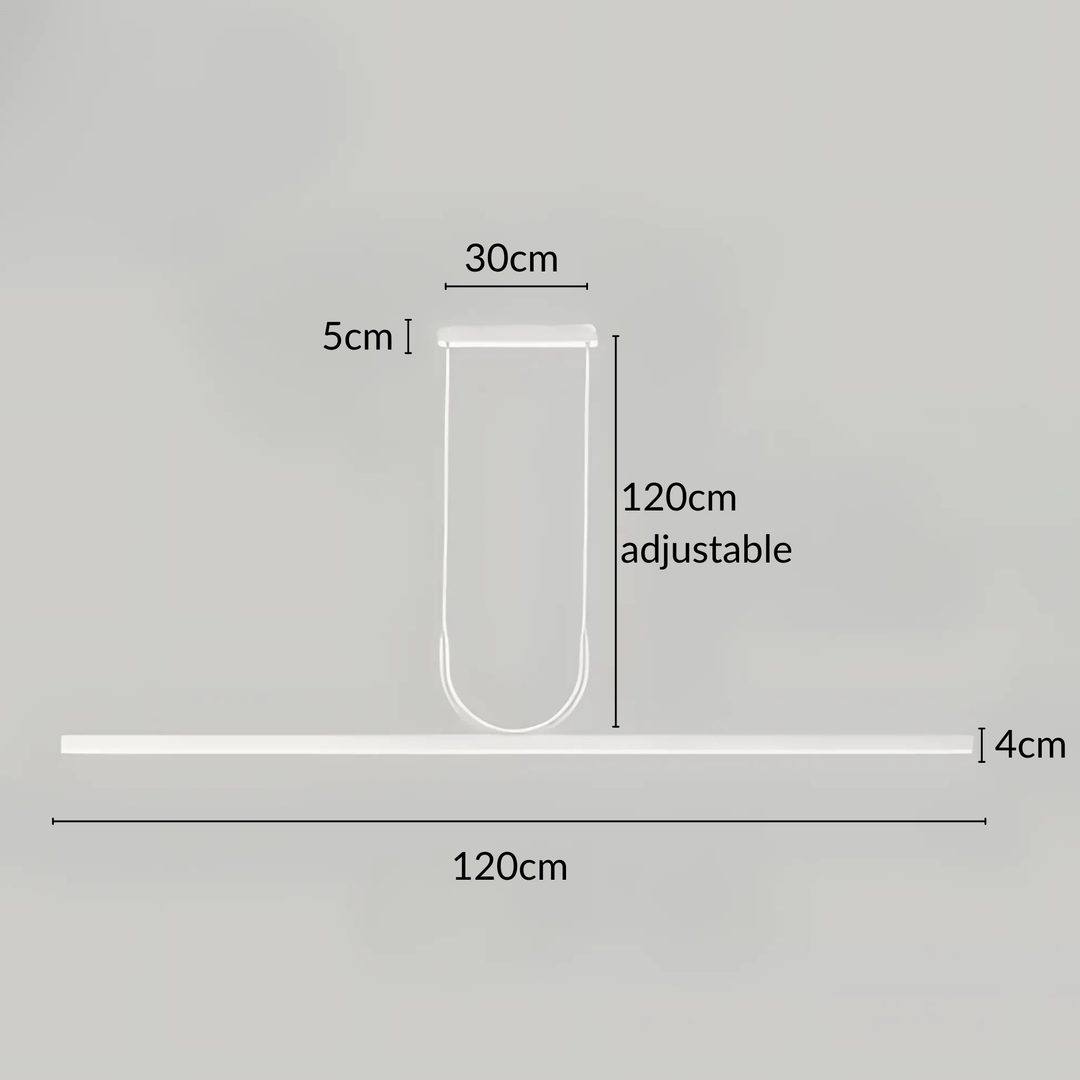 Sleek pendant light with dimensions: 120cm length, 4cm height, 30cm width, and 120cm adjustable cord.