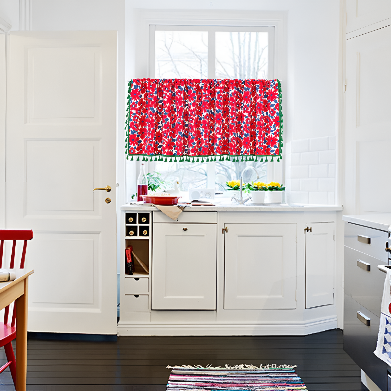 Graceful Red Floral Cabinet Curtain with green tassels, made of cotton-linen blend.