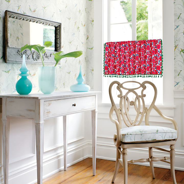 Graceful red floral cabinet curtain with green tassels, made of cotton-linen blend.