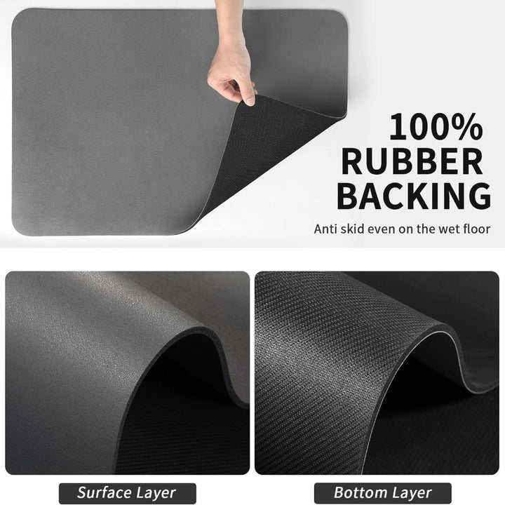 Diatomite dish mat with 100% rubber backing, showing surface and bottom layers.