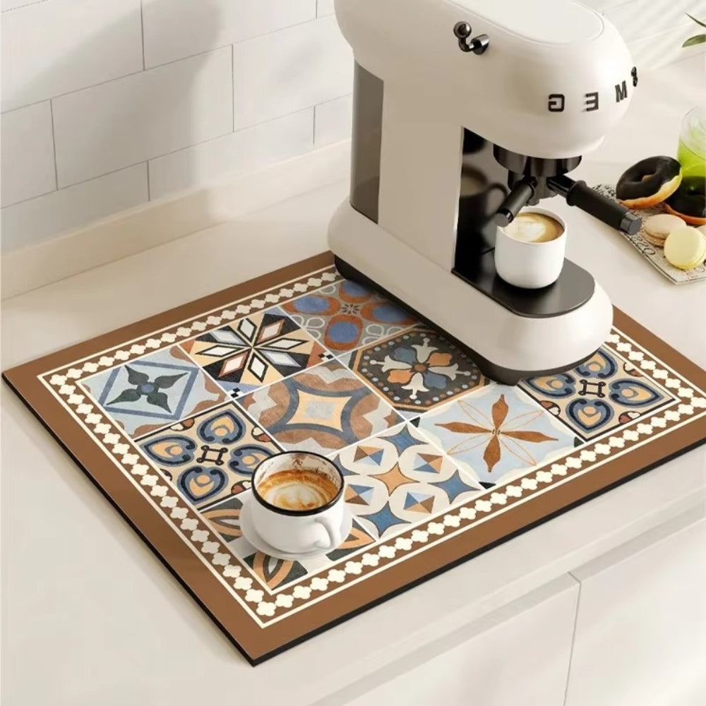 Retro tile coffee mat with a coffee machine and a cup of coffee.
