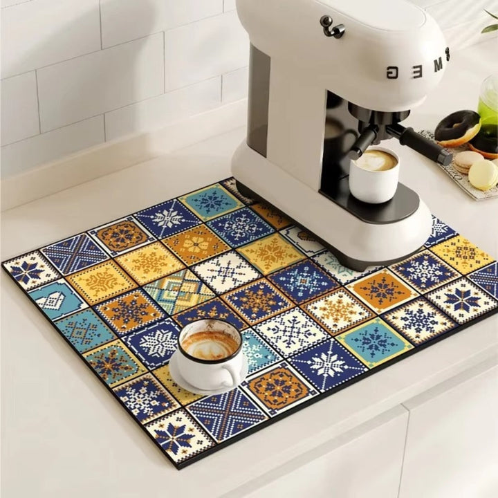 Retro tile coffee mat with a coffee machine and a cup of coffee on it.