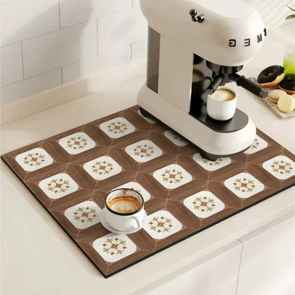 Retro tile coffee mat with a coffee machine and a cup of coffee.