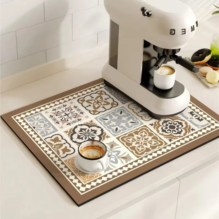 Retro tile coffee mat with a coffee maker and a cup of coffee.