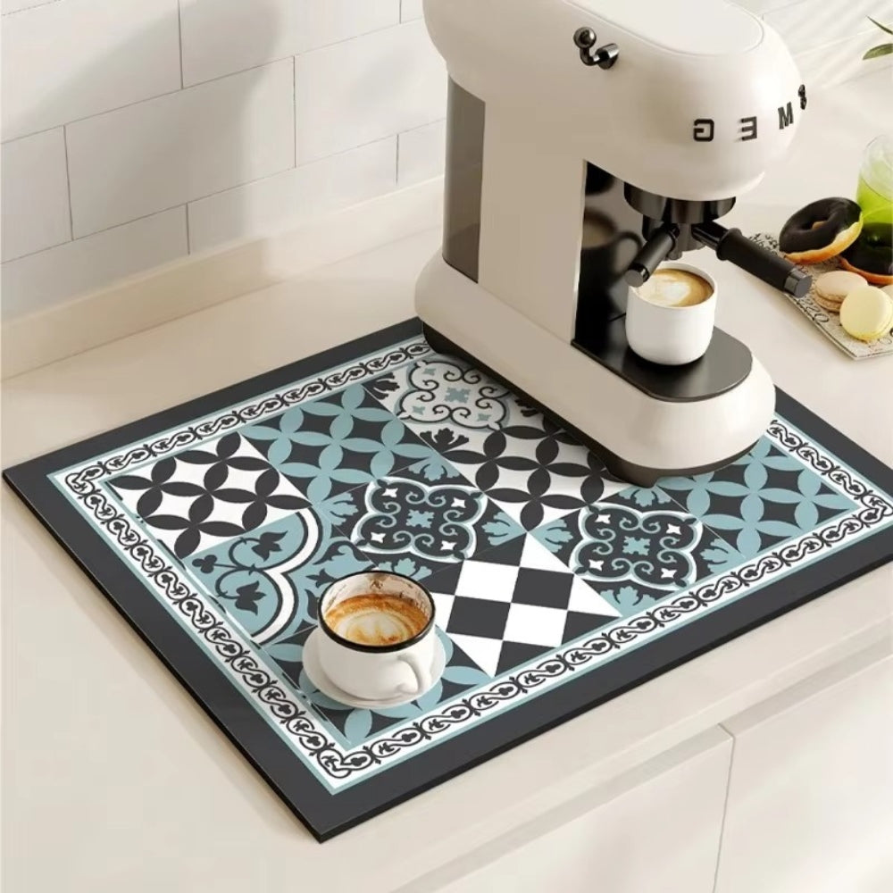 Retro tile coffee mat with a coffee machine and a cup of coffee.