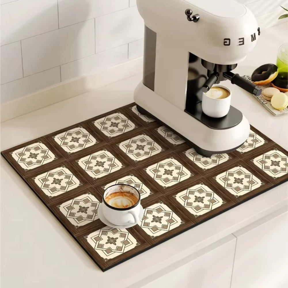Retro tile coffee mat with a coffee maker and a cup of coffee on it.