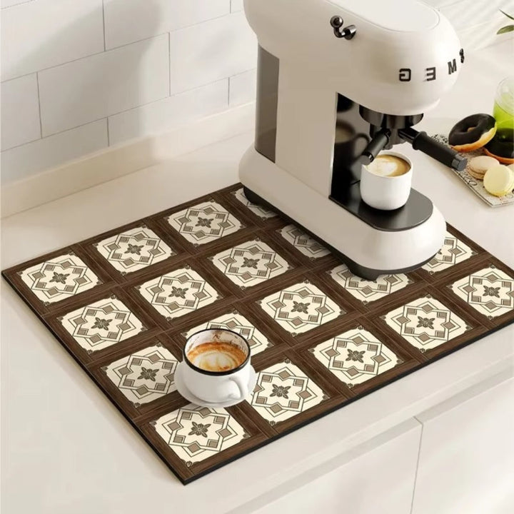 Retro tile coffee mat with a coffee maker and a cup of coffee on it.