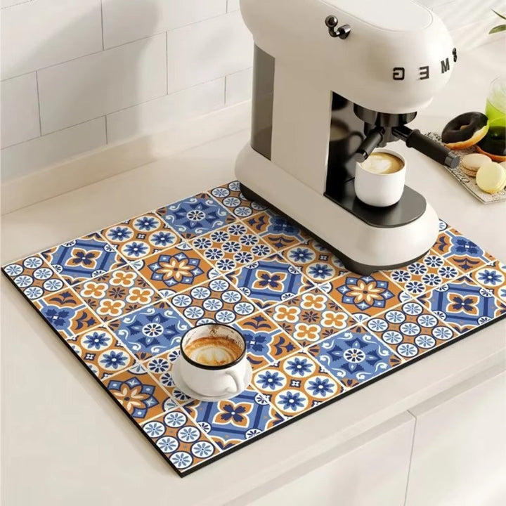 Retro tile coffee mat with a coffee machine and a cup of coffee.