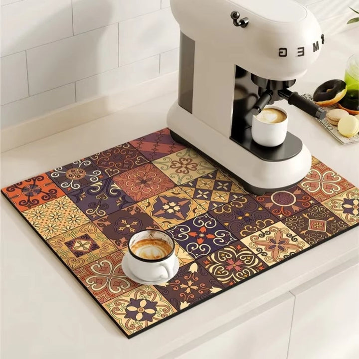 Retro tile coffee mat with a coffee machine and cups.