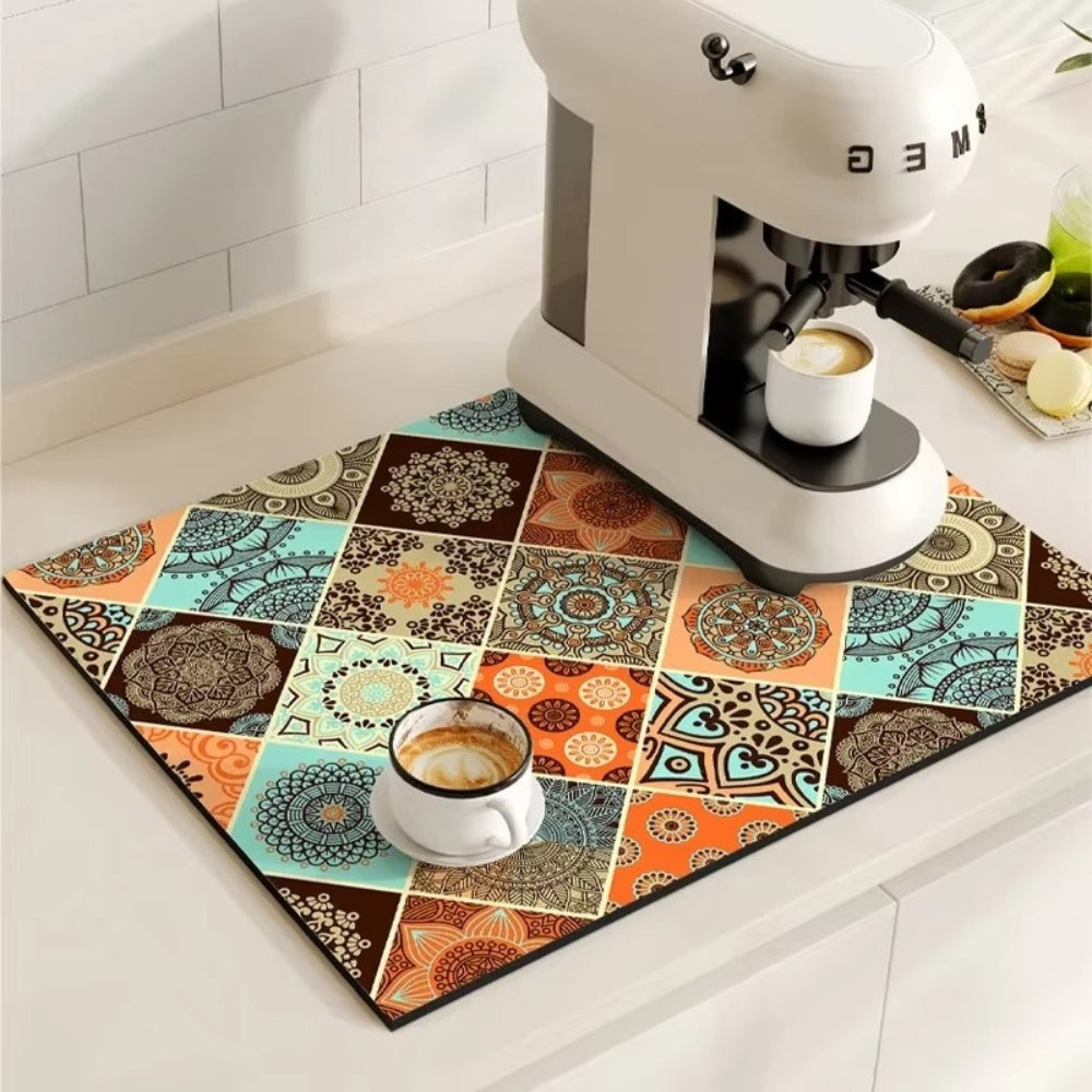 Retro tile coffee mat with a coffee maker and a cup of coffee.