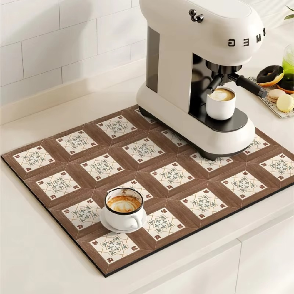 Retro tile coffee mat with a coffee machine and a cup of coffee on it.