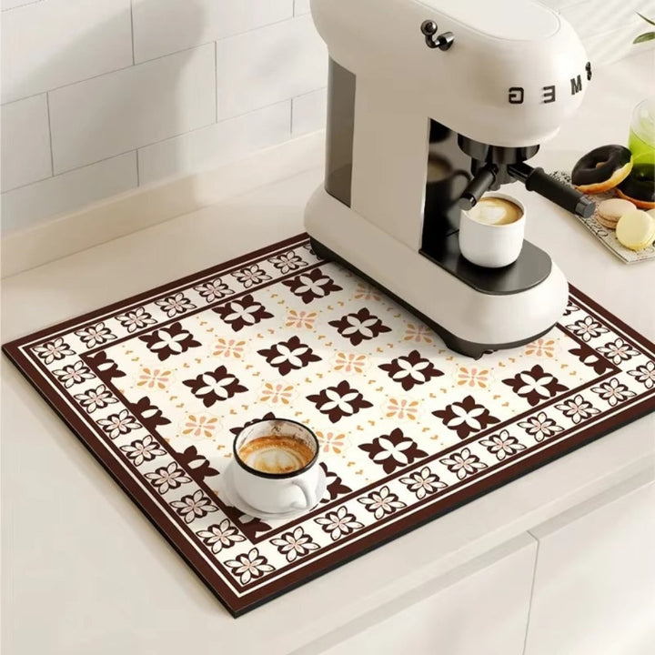 Retro tile coffee mat with a coffee machine and a cup of coffee.