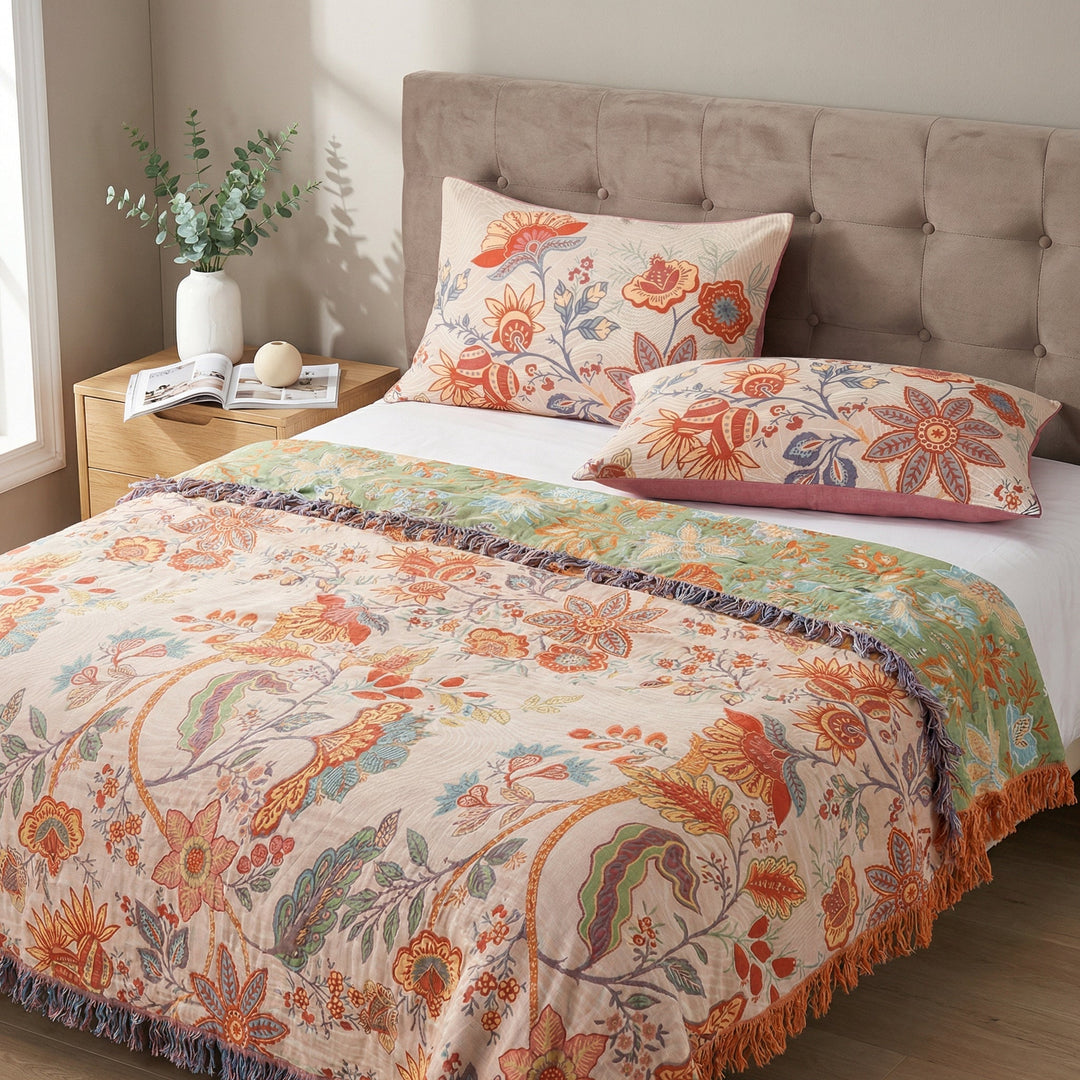 Two rustic floral boho pillowcases on a bed with a matching blanket.