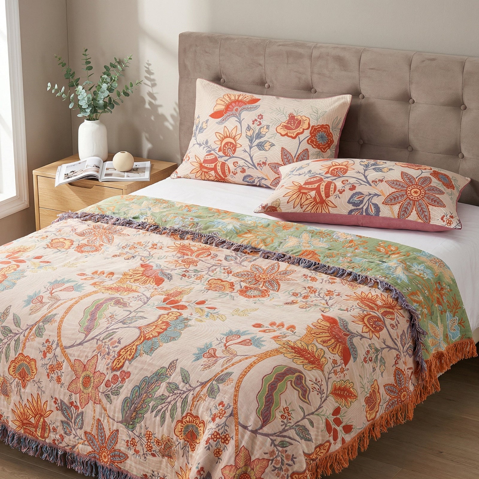 Two rustic floral boho pillowcases on a bed with a matching blanket.
