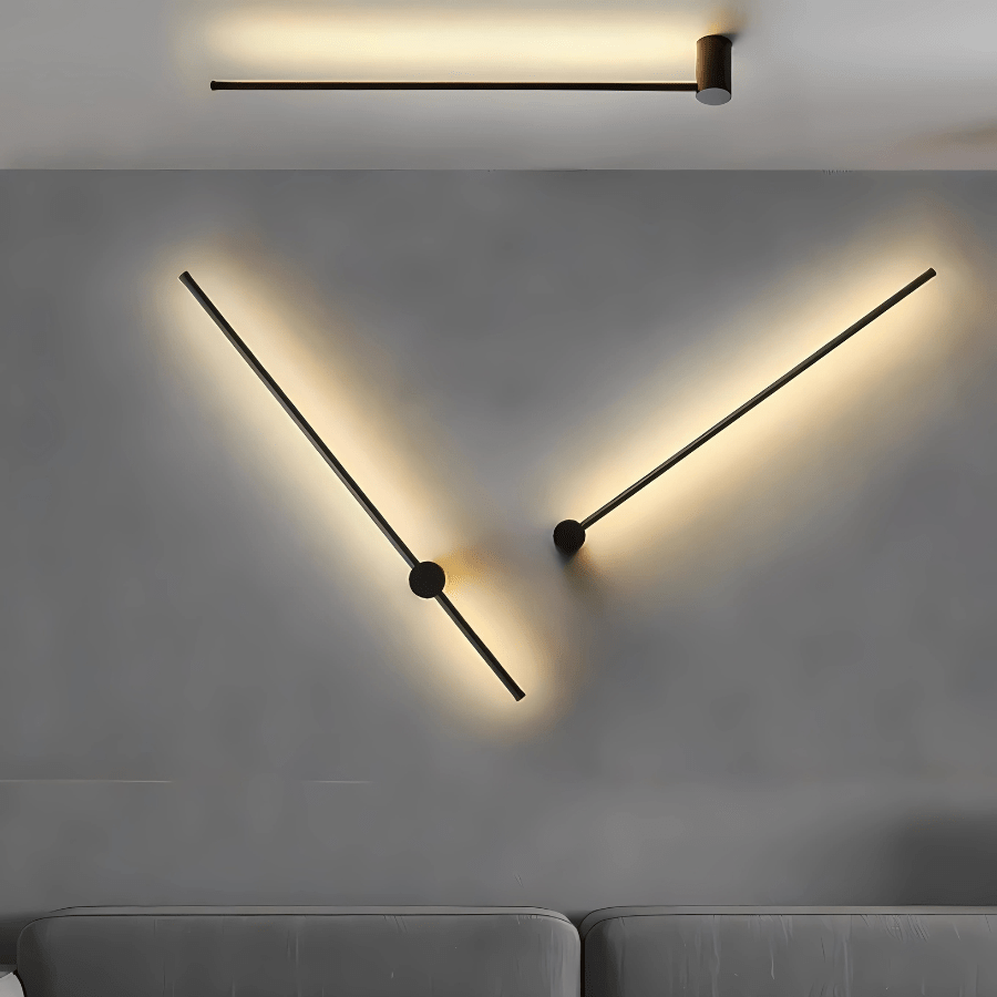Black satin wall sconce with two light bars resembling clock hands.