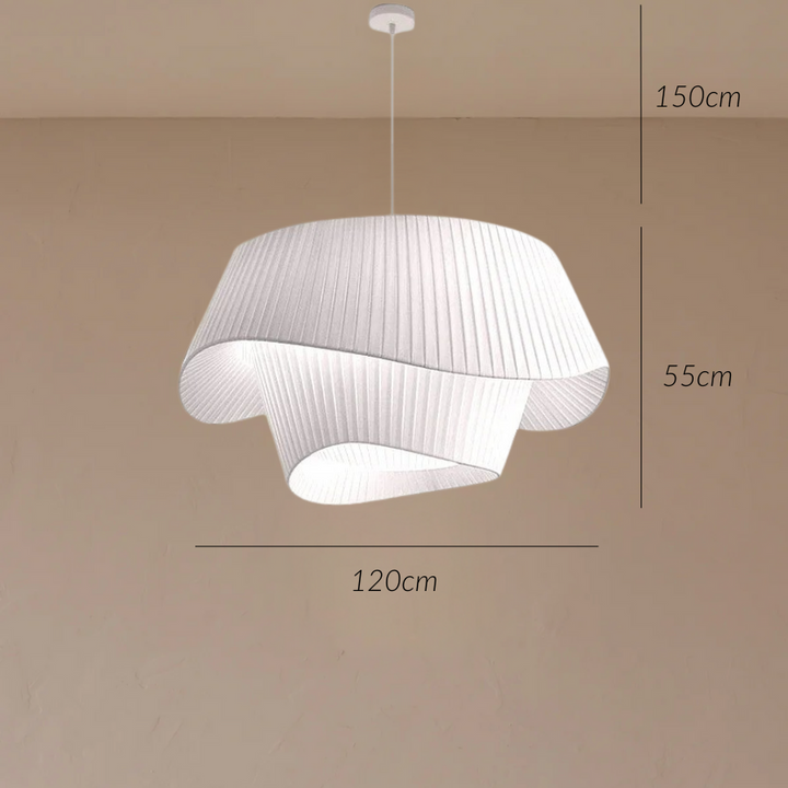 White acrylic pendant light with a pleated, sail-like design, 120cm wide and 55cm high.