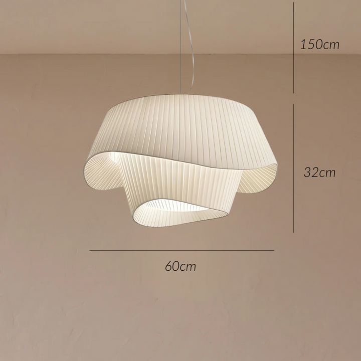 White acrylic pendant light with pleated fabric design, 60cm wide and 32cm high.