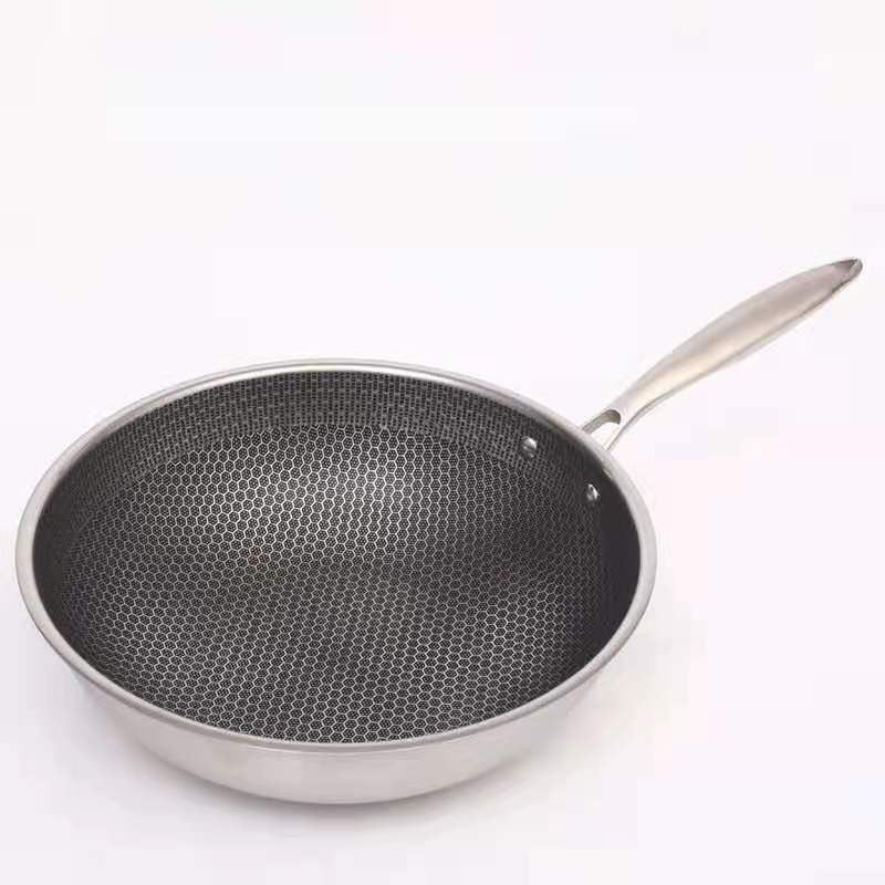 Honeycomb stainless steel frying pan with a silver handle, shown on a white background.