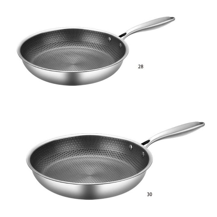 Honeycomb stainless steel frying pan with ergonomic handle, size 28.