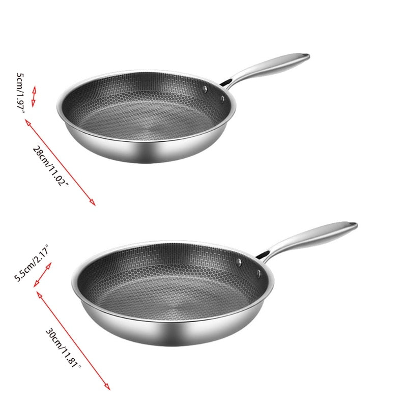 Two honeycomb stainless steel frying pans, one 28cm and one 30cm in diameter.