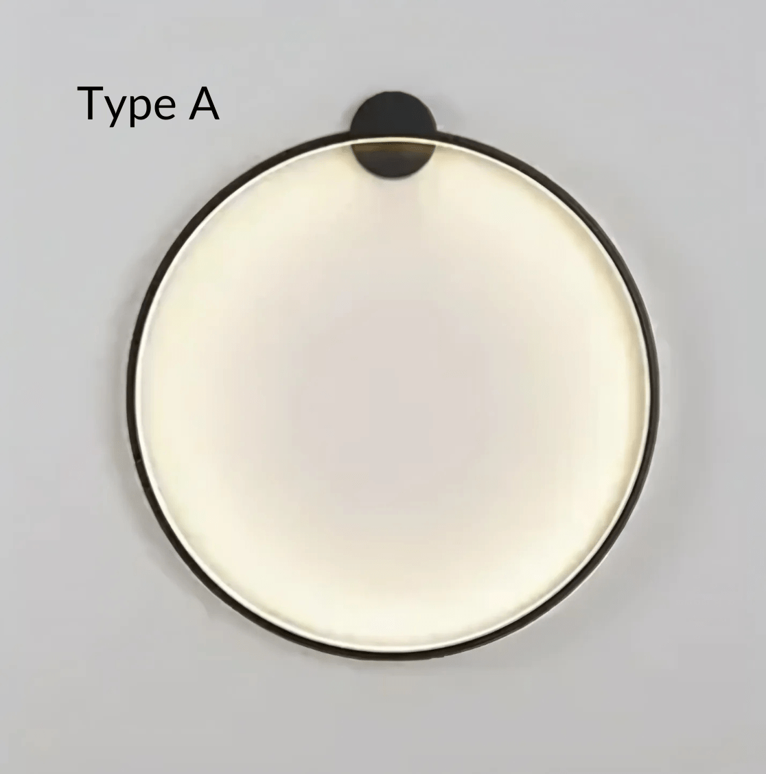 Type A modern round wall sconce with a black frame and a frosted white diffuser.