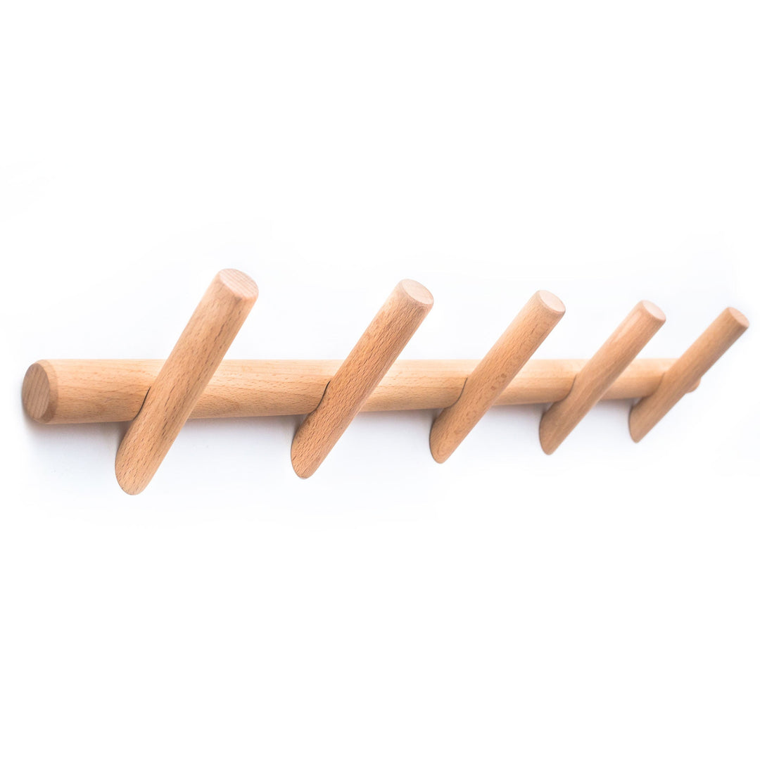 Beechwood wall coat rack with 5 minimalist pegs on a white background.