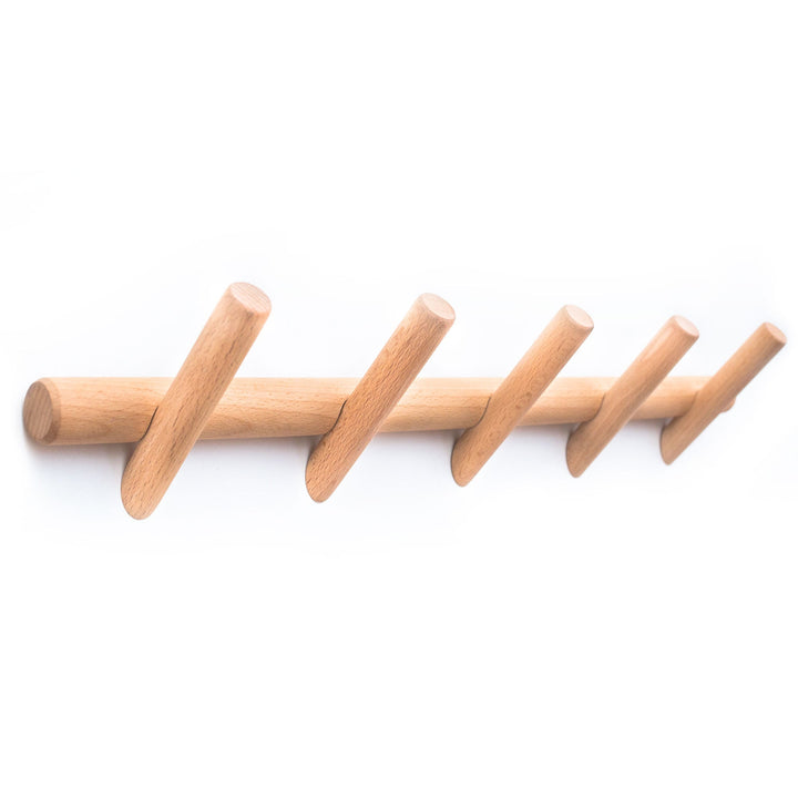 Beechwood wall coat rack with 5 minimalist pegs on a white background.