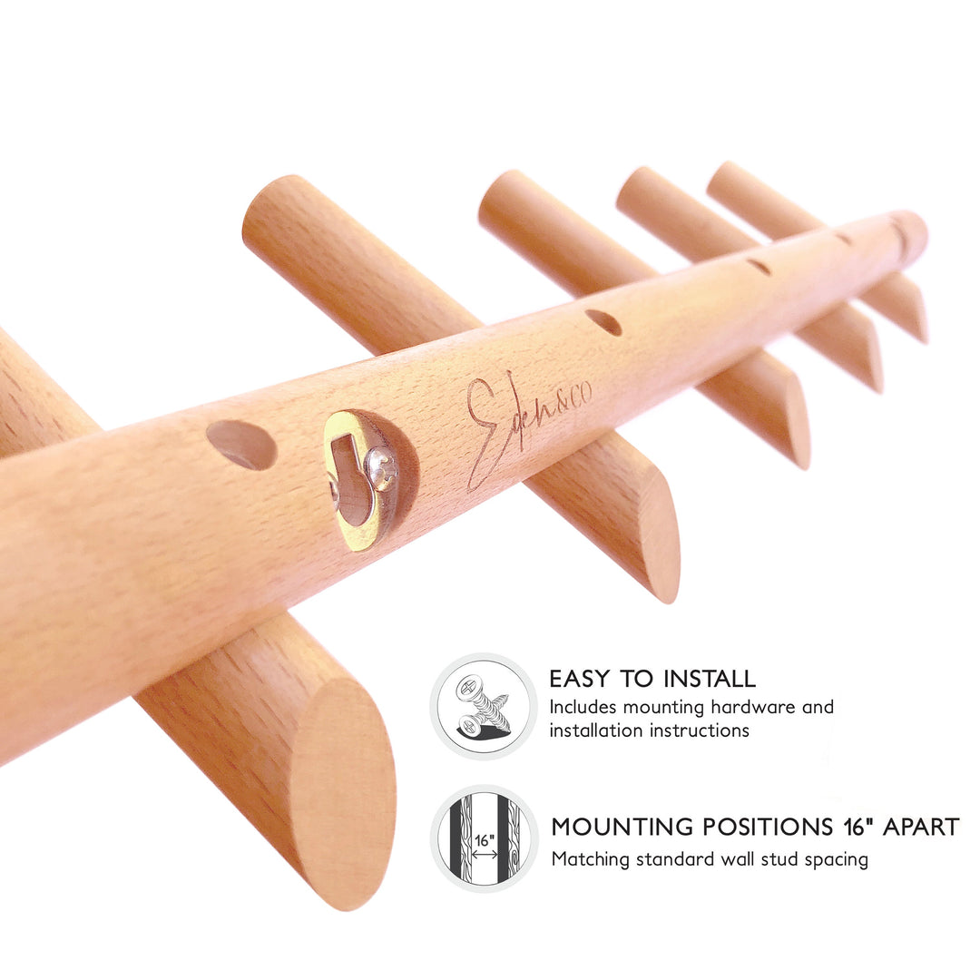Beechwood wall coat rack with 5 pegs, showing mounting hardware and 16" stud spacing.