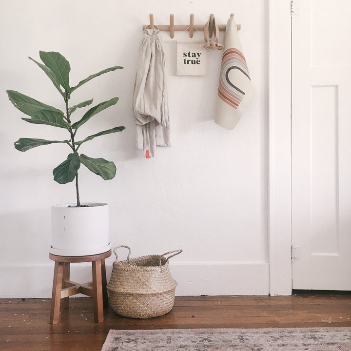 Beechwood wall coat rack with 5 hooks, holding a beige scarf, a "stay true" canvas sign, and a striped towel.