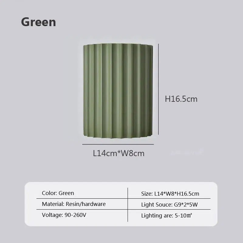 Green resin wall sconce with vertical fluting, 16.5cm height, 14cm length, 8cm width.