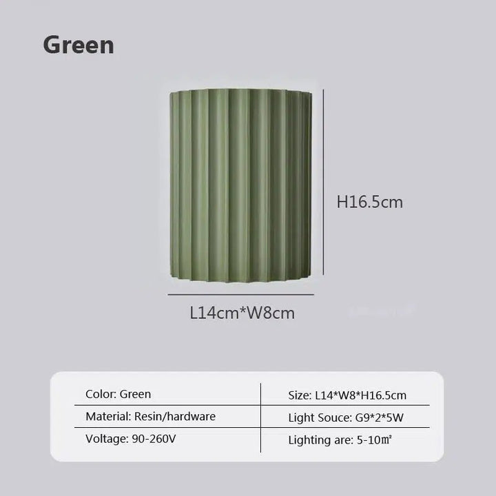 Green resin wall sconce with vertical fluting, 16.5cm height, 14cm length, 8cm width.