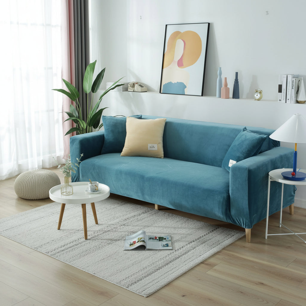 Lake blue velvet couch cover on a sofa with a light-colored rug and coffee table.