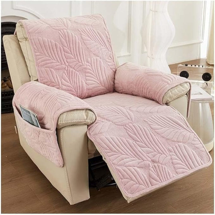 Pink leaf pattern recliner chair cover with armrest pockets.